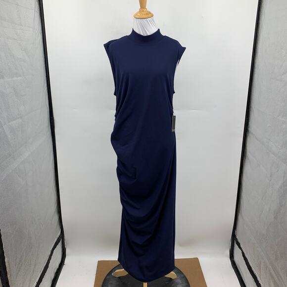 Eloquii Dress Womens 16 Nautical Ruched Ribbed Stretch Sleeveless Mock Neck Midi - Picture 2 of 14